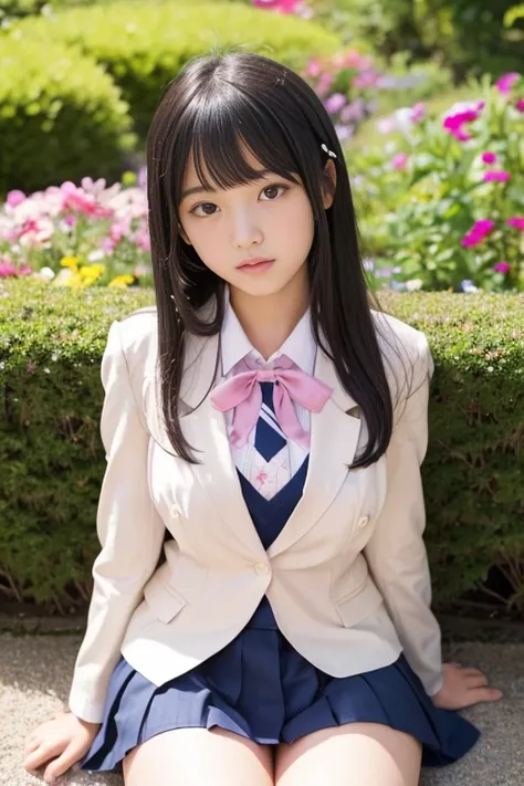 8K,Japanese,18-year-old,innocent face,teenage girl、cute,summer clothes,blazer uniform、sitting,flower garden,black hair,ribbon、big breasts、publish one&#39;chest of、big nipples、nipples are pink、vaginal shot、Showing off your vagina、Spread your legs completely...