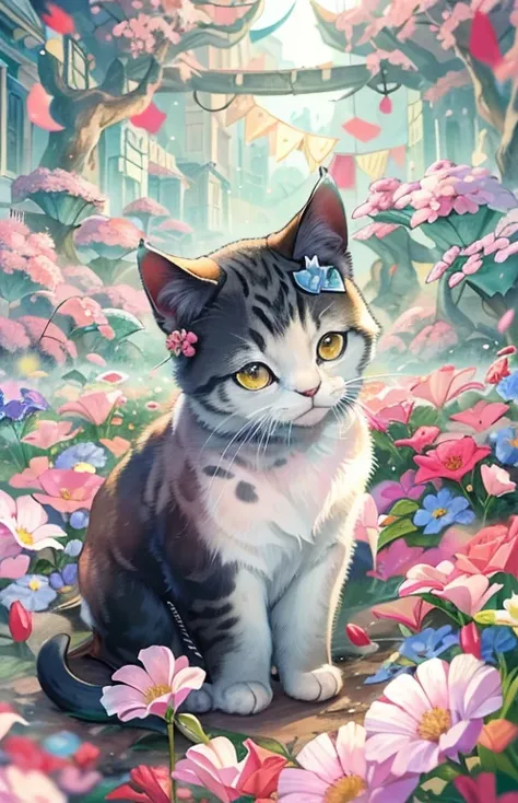 ((highest quality)), ((masterpiece)), (get used to it), perfect face ,  Cat , Lots of flowers in the background , 