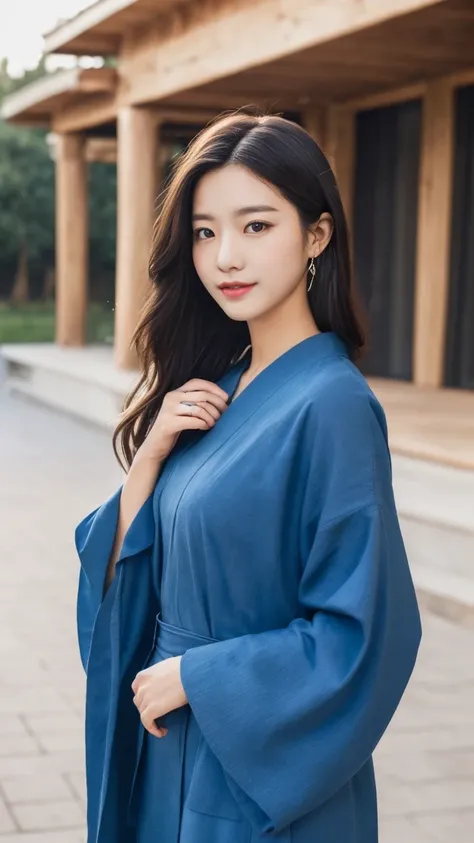 Temple、Colorful kimono、open chest、I&#39;m not wearing anything inside、full body shot、NiziUAYAKA、 ４Ｋ、１people&#39;s women、slender、 Loose wavy styling 、seductive and attractive、Including face and skin texture.，detailed eyes、A soothing expression with a smile