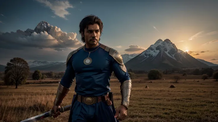 A slim Indian super hero with aggressive eyes and handsome face standing with a sword in the large battle ground with sun set view of mesmerizing weather and cinematic lighting and volumetrics with mountains and trees in background, photorealistic, 8k qual...