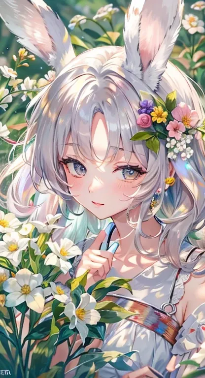 ((highest quality)), ((masterpiece)), (get used to it), perfect face , beautiful girl , Rabbitの耳 , Rabbit , There are many flowers in the background ,