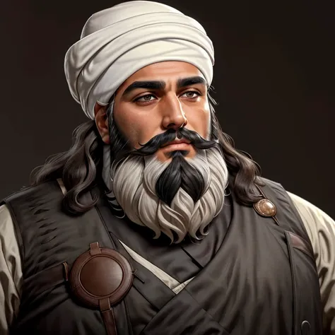 the arab man's face, adorned with a white turban and a thick, sprawling beard, exudes an aura of wisdom and authority. the hair ...