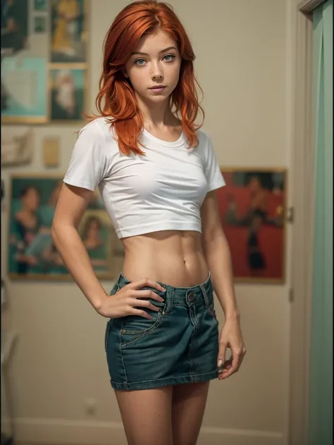 Alyson Hannigan), slim, beautiful face, slim face, Irish fitness model, small perky breasts, small hips, standing position, slim legs, red hair, freckles, provocative pose, (neglected teenage bedroom, wearing a crop top T-shirt and short skirt student, red...