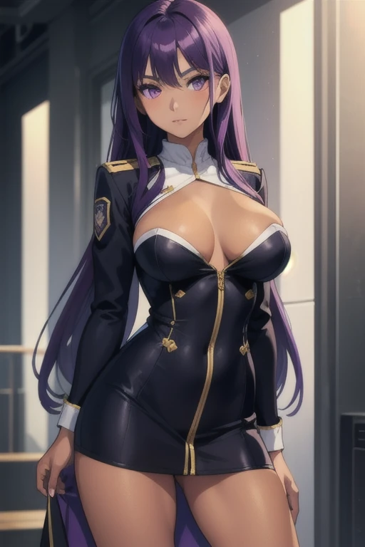 A girl with long straight purple hair and purple eyes with tan skin and full breasts standing straight facing the viewer in a  uniform, perfect,