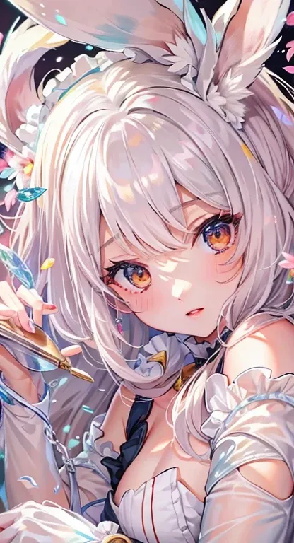 ((highest quality)), ((masterpiece)), (get used to it), perfect face , 20th generation ,beautiful girl , Rabbitの耳 , Fluffy clothes , medium breasts , Im sticking my shoulders out , cleavage is visible , Rabbit , There are many flowers in the background ,