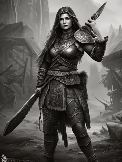 Charcoal pencil drawing, realistic drawing, black and white drawing, 4K, Best quality, sexytoon, a woman in armor holding a knife and a knife in her hands, barbarian warrior woman, warrior woman, warrior, warrior girl, a very beautiful berserker woman , a ...