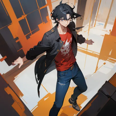 ((highest quality)), ((masterpiece)), (be familiar with), anime,youth,male,black hair,hair standing on end,Triumphant look,jeans,black jacket,red t-shirt,action