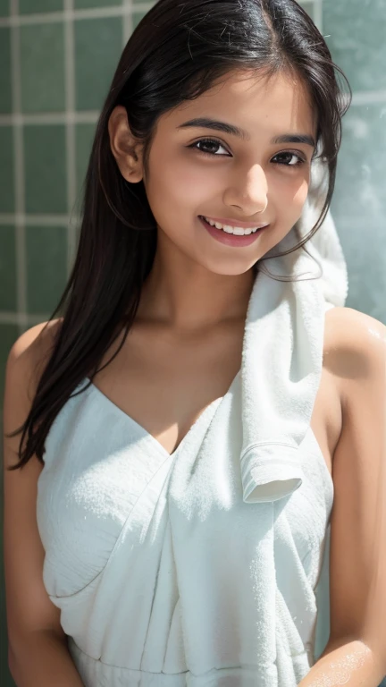 Indian Girl, Seductive smiling expression, in the bathroom, close up body image, masterpiece, Best Quality, 8K, in shower,  1 indian girl 30 years old, summer dresses, holding a white wet towel, hairs and body wet