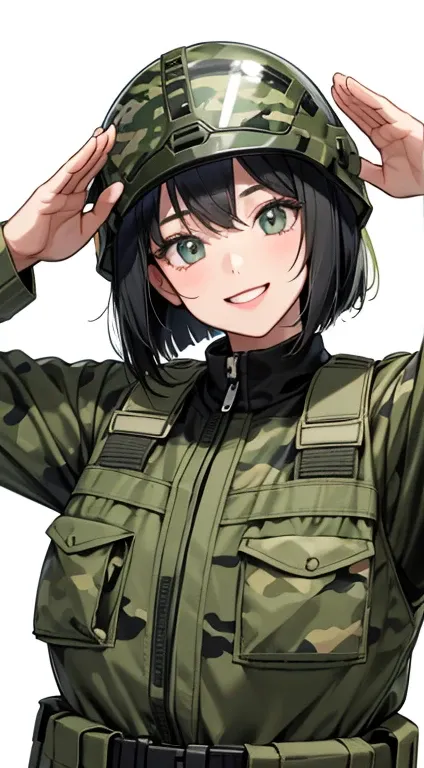 self-defense officer、Camouflage、Camouflage helmet、30 year old woman、smile、cute、black bob hair、white background、Comical illustration、salute