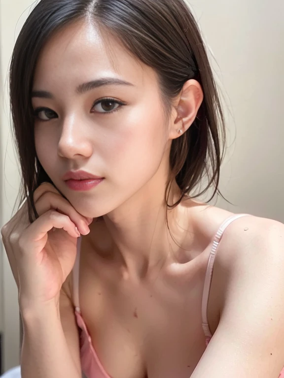 ((Best picture quality, 8K, tmasterpiece:1.3)), 1girll, Beautiful woman with slender abs:1.3, (Casual hairstyle, :1.2), Pink low-cut bra，，The skin is very white，Ultra-fine face, A detailed eye, double eyelid，ssmile。Take pictures in cute poses，The figure is...