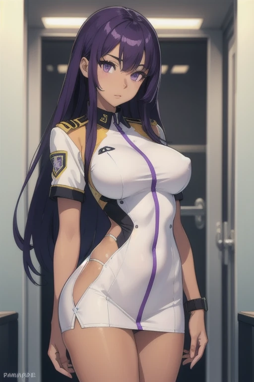 A girl with long straight purple hair and purple eyes with tan skin and full breasts standing straight facing the viewer in a academy uniform, perfect,