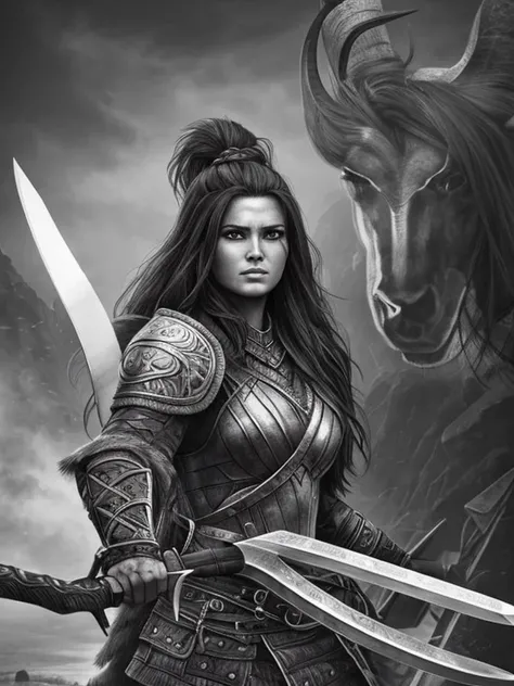 Charcoal pencil drawing, realistic drawing, black and white drawing, 4K, Best quality,create a digital painting, 4k, best quality,SexyToon,a woman in armor holding a knife and a knife in her hands, barbarian warrior woman, warrior woman , warrior, warrior ...