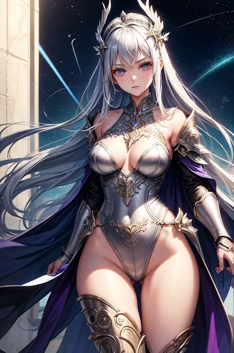 woman wearing silver costume, view viewer, purple wings, slim waist, long hair, super detailed details, Luxury Zhenyi Station, Storm scene, detailed fantasy art, amazing character art, Beautiful and exquisite character art, beautiful silver armor, very det...