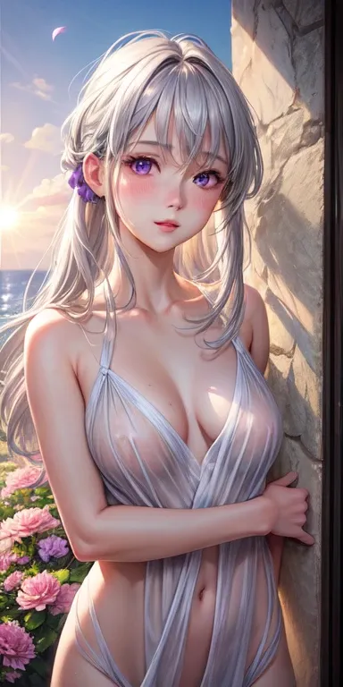 realistic, 1 girl, gray hair, purple eyes, shining eyes, Completely naked, parted lips, blush, night, flowers, sun, sunlight,