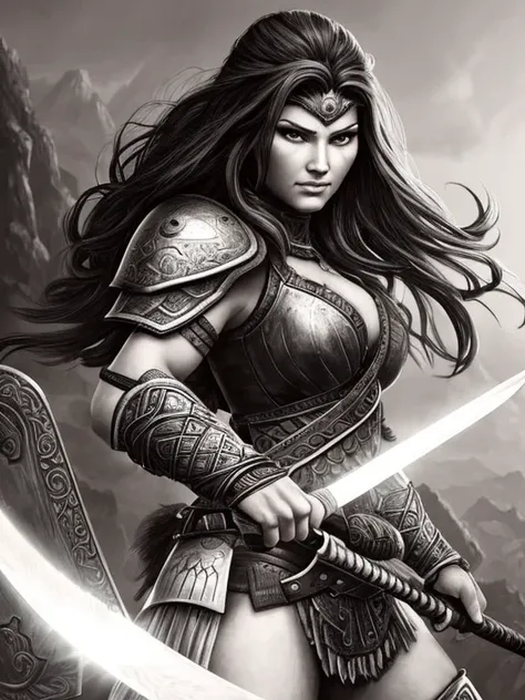 Charcoal pencil drawing, realistic drawing, black and white drawing, 4K, Best quality,create a digital painting, 4k, best quality,SexyToon,a woman in armor holding a knife and a knife in her hands, barbarian warrior woman, warrior woman , warrior, warrior ...