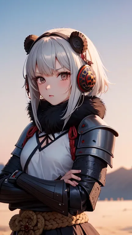 girl in samurai armor with fur around the neck and waist, oni helmet, adornos de detalles polvorientos, campo de batalla, guerrera, Armadura, cicatrices