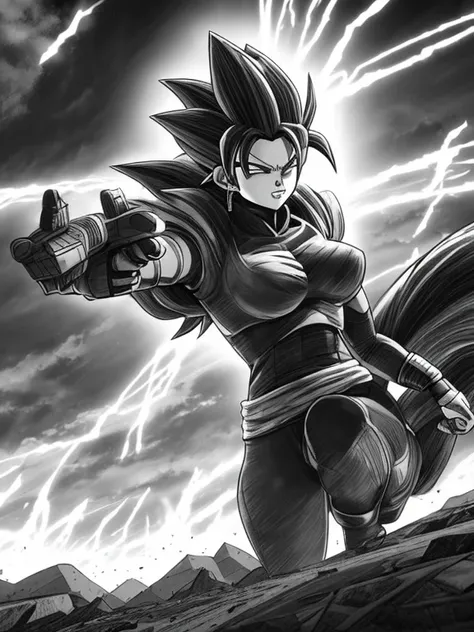 Charcoal Pencil Drawing, Realistic Drawing, Black and White Drawing, 4K, Best Quality, Super Saiyan Kefla releases a colossal energy wave that shatters the ground and creates a huge shockwave. He is on rocky terrain with a stormy sky in the background. The...