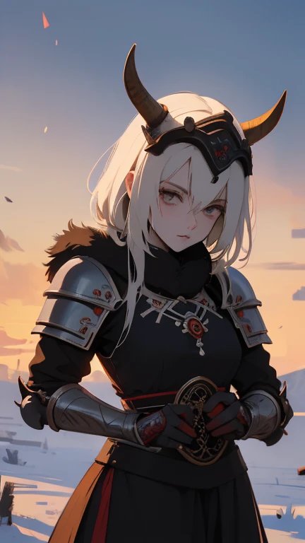 girl in samurai armor with fur around the neck and waist, oni helmet, adornos de detalles polvorientos, cansada de la batalla, guerrera, Armadura, cicatrices