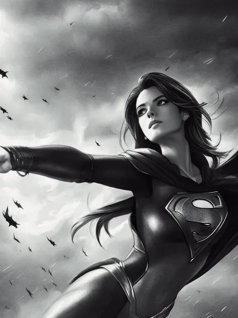 Charcoal pencil drawing, realistic drawing, black and white drawing, 4K, Best quality, lady girl in superman costume flying in the sky, short black hair, red cape, bright blue eyes, arms up, storm, dark clouds, lightning , night, lightning, rain, particles