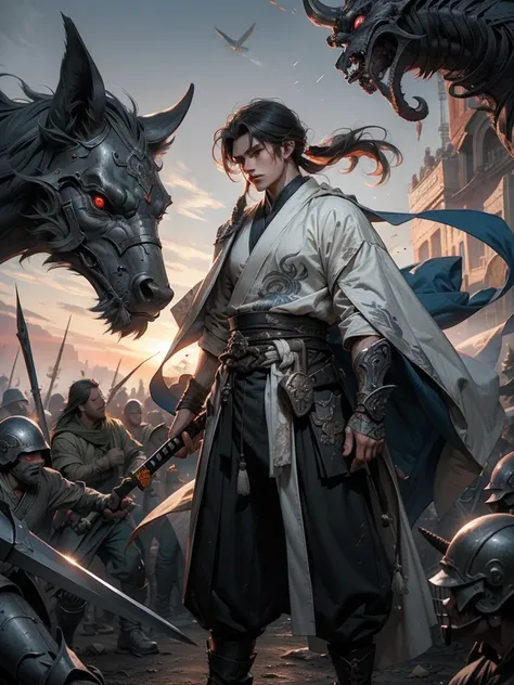 Chinese male warrior, delicate face, Burly man, Wear a white headscarf, Batik long shirt, white robe,  Use a dagger, heroic, battlefield , dramatic sunset, smokes, Battle Siege, full body view，stand up