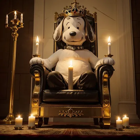 Create Snoopy as if he were king in his signature pose raising his hand on a throne with giant candles on one side