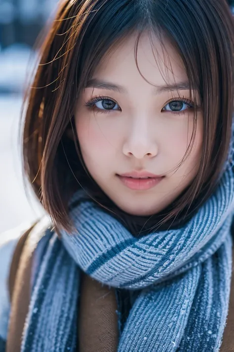 In the snowy city、Close up of woman posing for photo、Middle metaverse, Yoshitomo Nara, Japanese Models, Beautiful Japan beauty, With short hair, 27-year-old female model, 4 k、4K、27yo