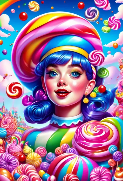 1girl, Candyland, aesthetic, vibrant colors Candyland wonderland gouache swirls detailed Candy art style! Whimsical playful colorful! candy!!! 🍬🍭 Candyland art!! “Hyperrealistic hyperdetailed highly detailed, digital illustration” postmodernism, artstation...