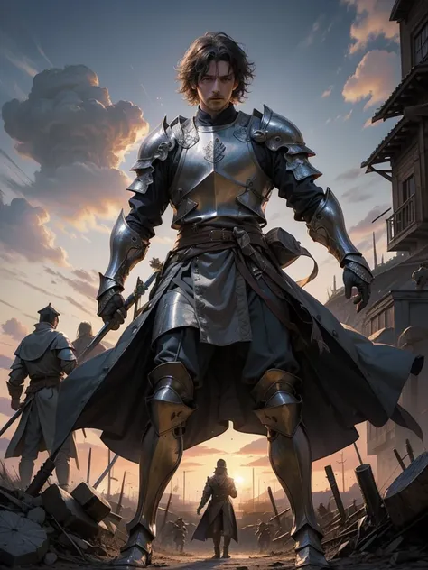 Medieval Europe，Male Knight,, Burly man, full body armors, Batik long shirt, white robe,  village，Use a dagger, heroic, battlefield , dramatic sunset, smokes, Battle Siege, full body view，stand up