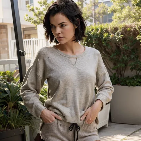 Jaimie Alexander dressed in a wool shirt and shorts