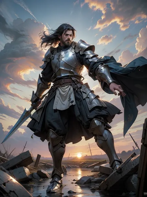 Medieval Europe，Male Knight,, Burly man, full body armors, Batik long shirt, white robe,  village，Use a dagger, heroic, battlefield , dramatic sunset, smokes, Battle Siege, full body view，stand up，dynamic poses，farmer，river