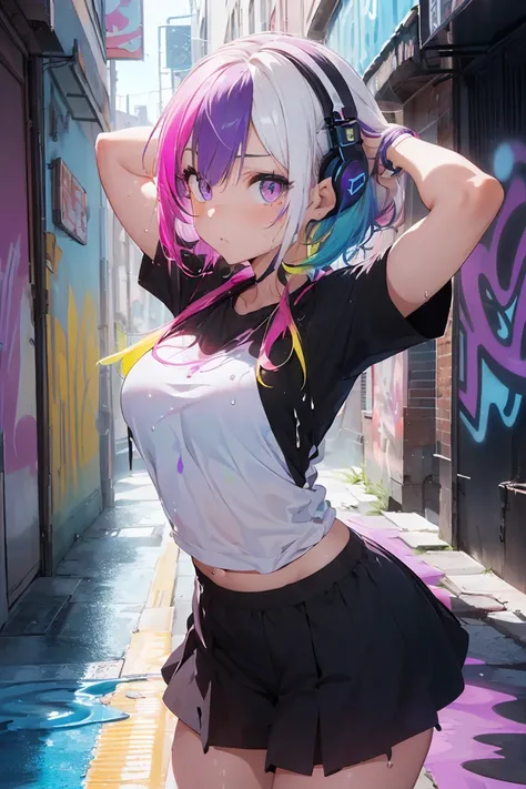 Anime girl with headphones,cybertech, cowboy shot, (big breasts:1.3), (( perfect eyes , レインボーは超be familiar withな赤い目を輝かせます:1.1, gradient eyes:1, Beautiful be familiar with eyes:1, symmetrical eyes:1, Big Eye Highlights:1.2)), (snake pose), blush, Concerned,...