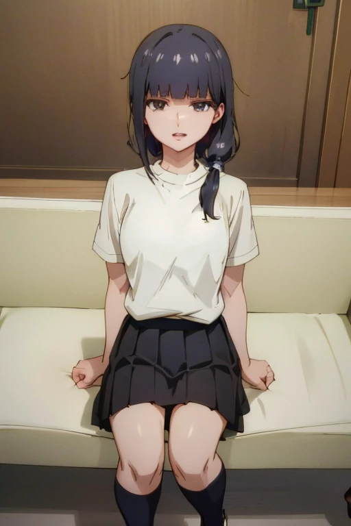 full body, 1girl, open mouth, detailed face, black hair, gloss hair, black eyes, highres, highly detailed face, Detailed eyes, white shirt, short sleeves, black stockings, pleated skirt, sitting in sofa, evil smile