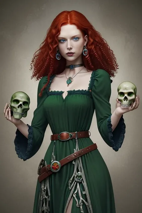 Woman with curly red hair blue eyes green medieval dress with belt with a green quartz buckle choker with gems holding a quartz skull medieval background of skulls 