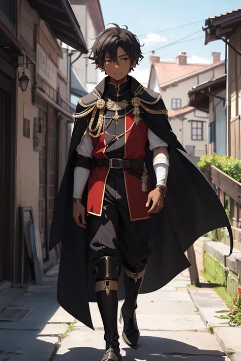 (boy1),(anime),young teen 16 years old, height 1.76,dark brown skin color,short black curly hair,Brown eyes, (wearing),+,An emperors outfit consisting of a costume with a glossy black cape, and a white 14th-century outfit