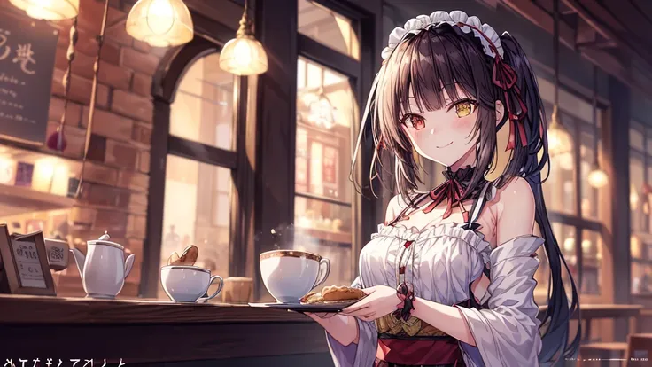 (original photo, best quality), 1 girl, tokisaki kurumi, natural lighting, upper body, cafes, smile, satosh khan art style