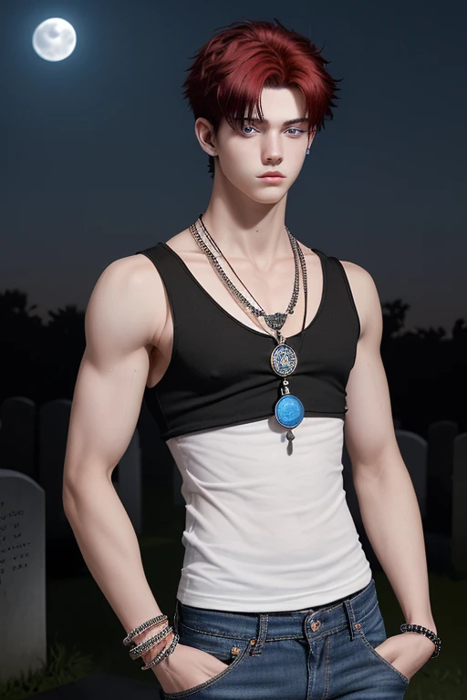 20-year-old boy, short black hair, red locks, white sleeveless shirt, slim muscular build, blue jeans, looking straight at the viewer, blue eyes, Trisquel medallion, black bead bracelets on both arms in the background of a cemetery at night with the moon 