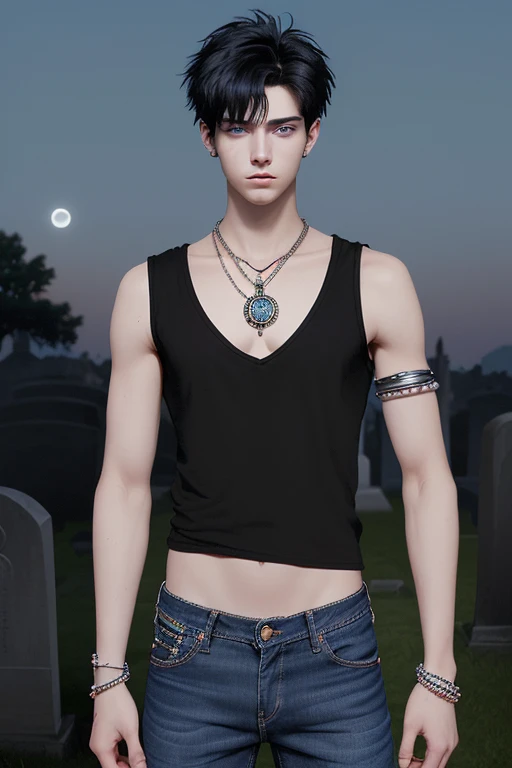 20-year-old boy, short black hair, red locks, white sleeveless shirt, slim muscular build, blue jeans, looking straight at the viewer, blue eyes, Trisquel medallion, black bead bracelets on both arms in the background of a cemetery at night with the moon 