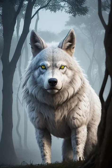 Lobo cuadrupedo animal de pelaje blanco y ojos amarilla mirando de frente al espectador en fondo de un bosque de noche con niebla 