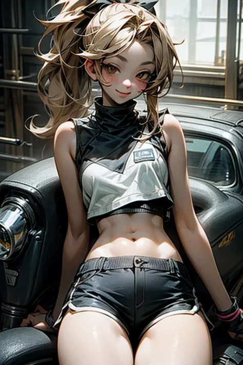 there is a naked anime female wearing a black undershirt sitting upon the motorcycle, 1girl, solo, navel, shorts, thighs, breasts, black shorts, long hair, blonde hair, bare shoulders, midriff, crop top, bare arms, stomach, sleeveless, short shorts, dolphi...