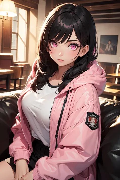 ((1 girl)), sit on the sofa, own room, latest trend clothes, Large hooded parka, Street fashion,(cowboy shot) ,((Super detailed,highest quality, High resolution, 8k wallpaper, beautiful clothes,)),((black hair, long hair,straight hair)), Expressionless fac...