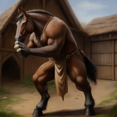 Furry, Antro, Equine, loincloth, hooves, medieval, Brown, White, Solo