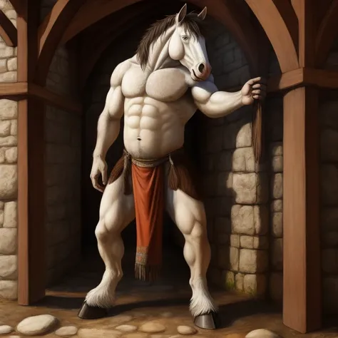 Furry, Antro, Equine, loincloth, hooves, medieval, Brown, White, Solo