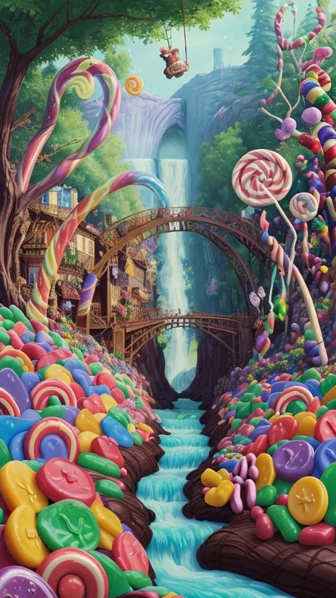 Willi Wonka, magical land, magical factory, chocolate river, trees of candy, gummy bears