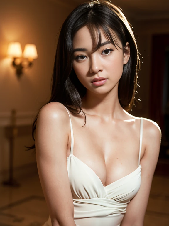 wlop, 23 year old woman, asian woman, standing, seductive, smooth skin, shoulder length brown hair, bright blue green eyes, thin eyebrows, fair skin, blushing cheeks, perfect body, small breasts, sheer white dress, cleavage, castle hallway, eye contact, se...