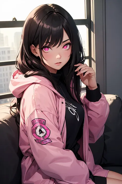 ((1 girl)), sit on the sofa, own room, latest trend clothes, Large hooded parka, Street fashion,(cowboy shot) ,((Super detailed,highest quality, High resolution, 8k wallpaper, beautiful clothes,)),((black hair, long hair,straight hair)), Expressionless fac...