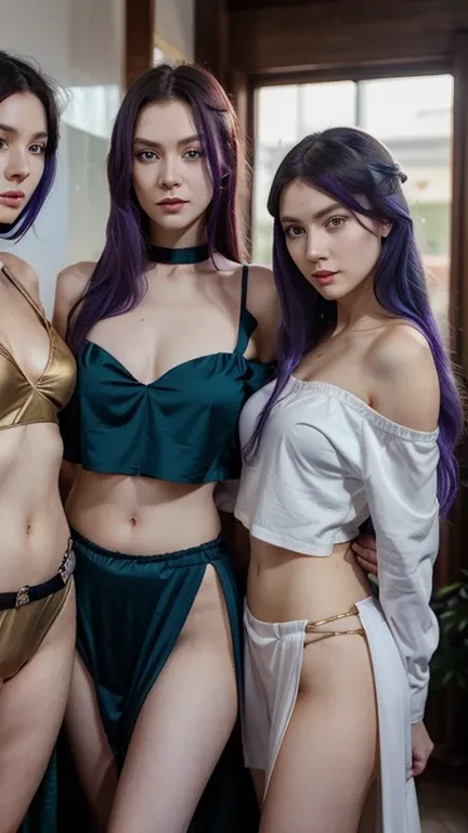 four people,woman,There is a sense of distance,Sexy off-the-shoulder,Open navel,Hanfu,red hair purple eyes,Blue hair and green eyes,Black hair, blue eyes,White hair and golden eyes,Take a sword,Want to fight