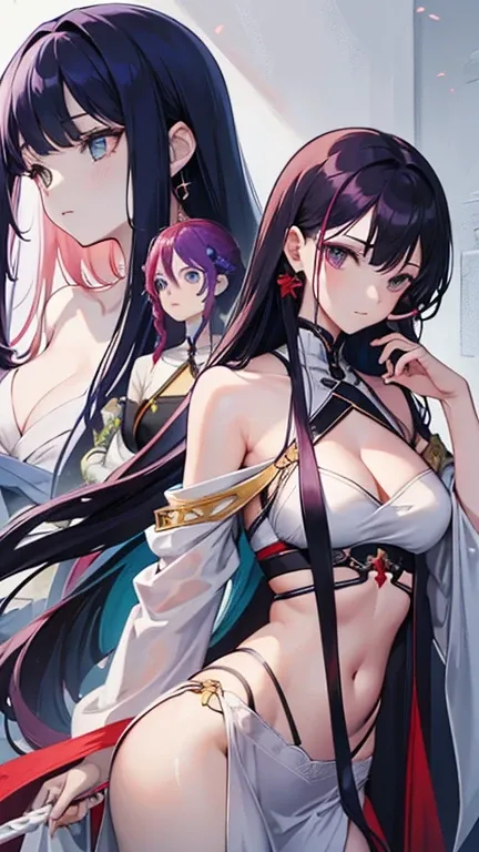 four people,woman,There is a sense of distance,Sexy off-the-shoulder,Open navel,Hanfu,red hair purple eyes,Blue hair and green eyes,Black hair, blue eyes,White hair and golden eyes,Take a sword,Want to fight