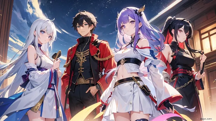 four people,woman,There is a sense of distance,Sexy off-the-shoulder,Open navel,Hanfu,red hair purple eyes,Blue hair and green eyes,Black hair, blue eyes,White hair and golden eyes,Take a sword,Want to fight