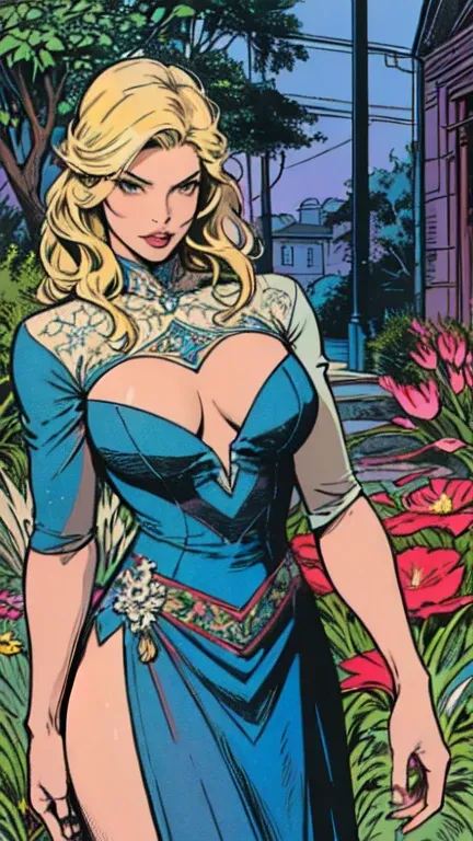 masterpiece,extremely beautiful woman,highly detailed beautiful face,big eyelahes,minimum waist,blue soft dress, straight blonde hair,excellent sense,American Comics,(((The Perfect One Woman))),(((one person))),colorful,highly detailed body,florish garden ...