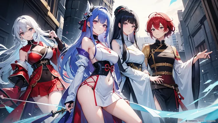 four people,woman,There is a sense of distance,Sexy off-the-shoulder,Open navel,Hanfu,red hair purple eyes,Blue hair and green eyes,Black hair, blue eyes,White hair and golden eyes,Take a sword,Want to fight